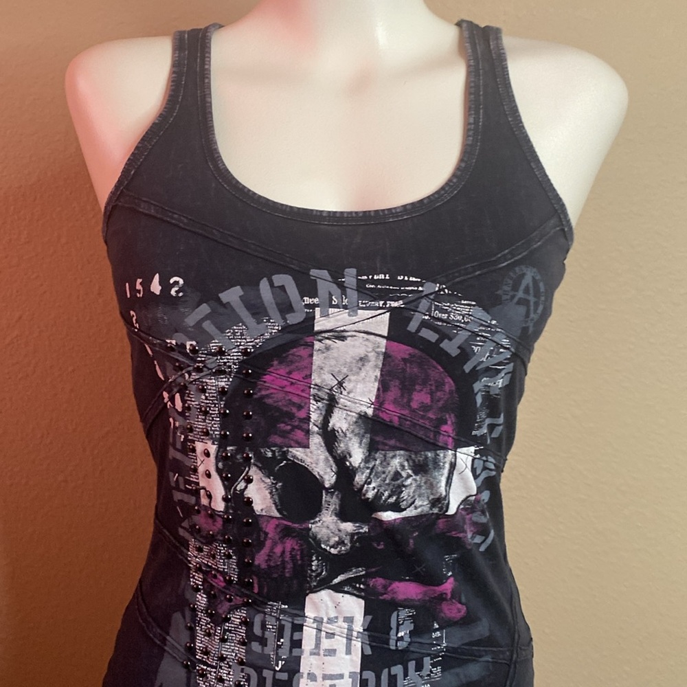 Affliction American Chaos Label Distressed Studded Graphic Skull Tank Xs